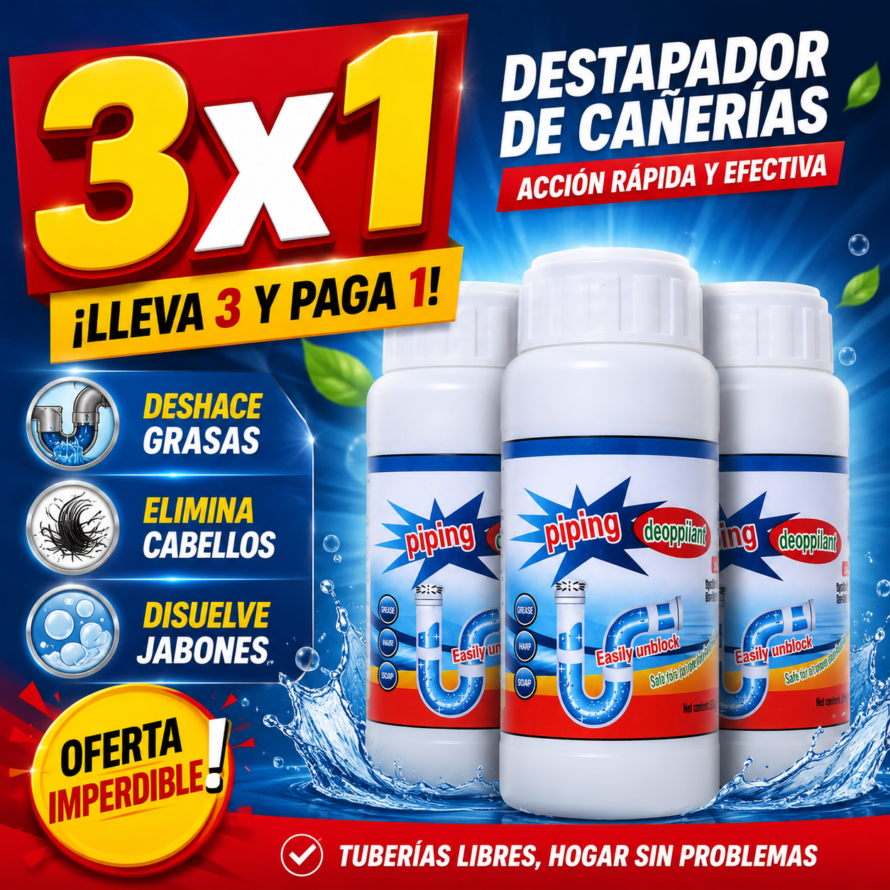 Destapador de Cañerias combo 3 x 1
